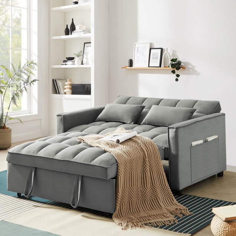 Dinosisco 4-in-1 Convertible Futon Sofa Bed, Pull Out Couch Beds Loveseat Sleeper, Gray Velvet - Image 2
