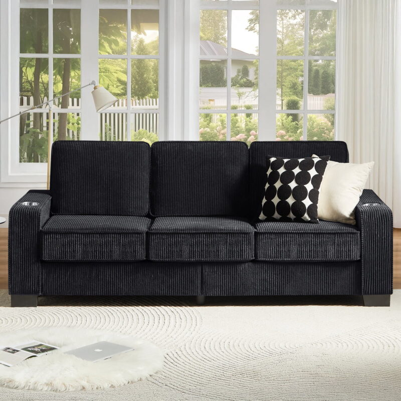 Dinosisco 83.9" Corduroy Sofa with Cup Holders, Modern 3-Seater Couch for Living Room, Black - Image 2