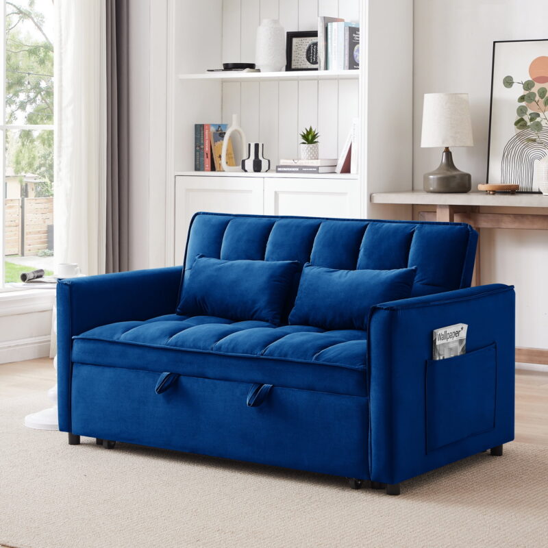3 in 1 Sleeper ,55" Modern Velvet Convertible Pull Out Bed, Loveseat with 2 Toss Pillows and Adjustable Backrest for ,Blue - Image 2