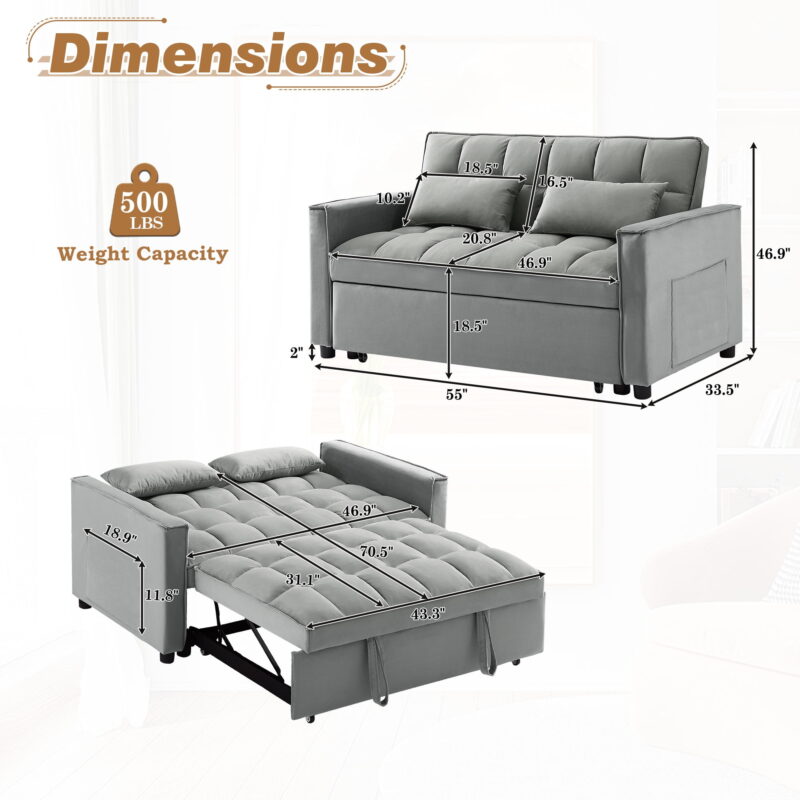 Dinosisco 4-in-1 Convertible Futon Sofa Bed, Pull Out Couch Beds Loveseat Sleeper, Gray Velvet - Image 6