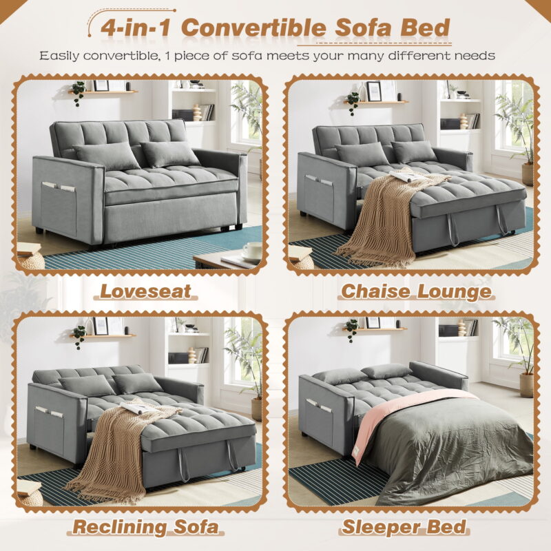 Dinosisco 4-in-1 Convertible Futon Sofa Bed, Pull Out Couch Beds Loveseat Sleeper, Gray Velvet - Image 7