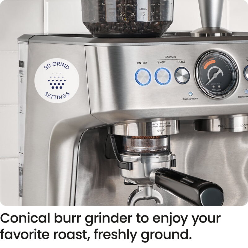 Chefman Crema Supreme Espresso Machine with Conical Burr Grinder and Steam Wand – Stainless Steel, New - Image 4