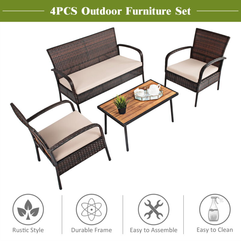 Gymax Fashion 4PCS Cushioned Rattan Patio Conversation Set Outdoor Furniture Set - Image 4