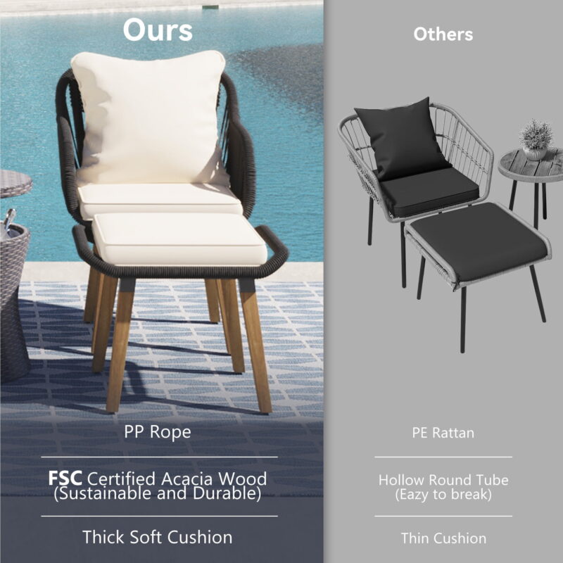 AENKYO 5-Piece Rope Patio Furniture Set with Wicker Pop-Up Cooler Table, Cushioned Chairs & Ottomans, Black - Image 6