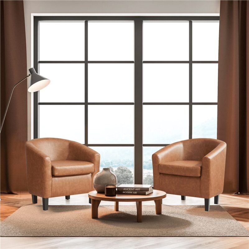 Renwick Faux Leather Barrel Accent Chair for Living Room, Set of 2, Brown - Image 4