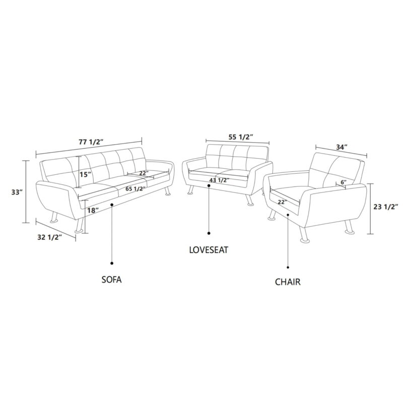 Mid Century Modern Sofa Couch 3 Seater Couches Chair with Metal Leg for Living Room Furniture, Black Grey - Image 2