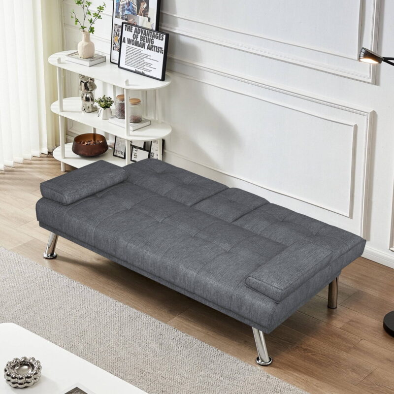 Folding Sofa Bed with Cup Holder Convertible Futon Couches Adjustable Backrest Modern Linen Furniture Upholstery for Living Room - Image 6
