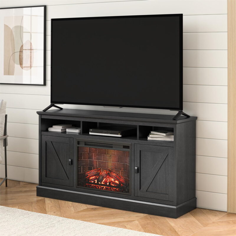Ashton Lane Electric Fireplace TV Stand with Remote for TVs up to 65in, Black Oak - Image 2