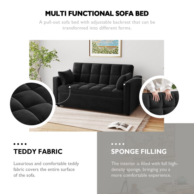 AENKYO Convertible Pull-Out Loveseat Sleeper Sofa Bed for Living Room, Modern Upholstered Futon in Black - Image 6