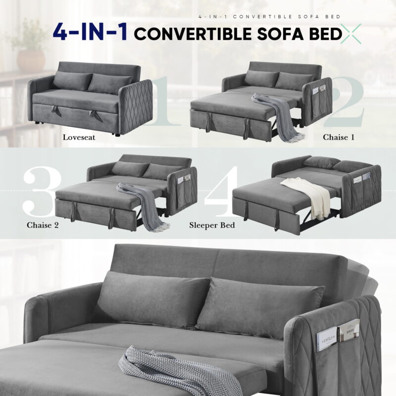 Lunale Convertible Futon Sofa Bed for Living Room, Modern Upholstered Loveseat Sleeper in Gray - Image 3