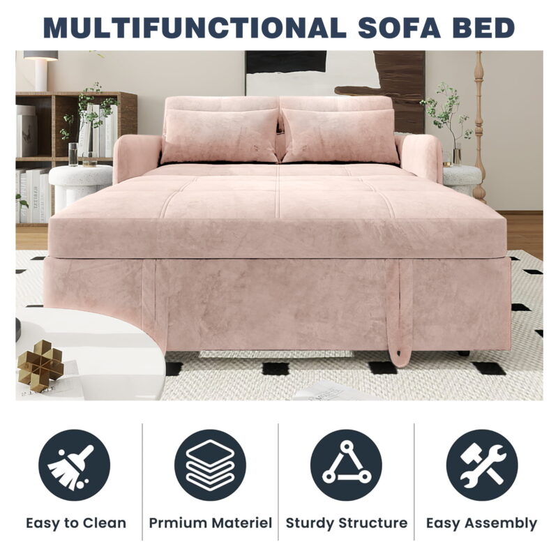 DEALTOPS Convertible Sofa Bed with USB, 55'' Loveseat Sleeper for Living Room, Apartment, Bedroom, Pink Velvet - Image 6