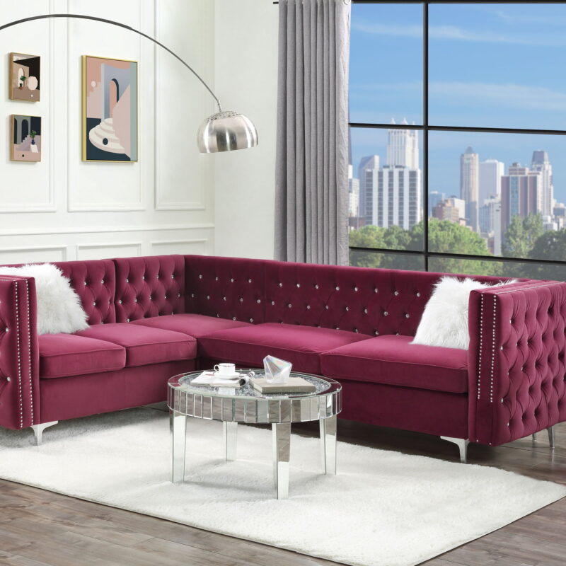 Acme Furniture Contemporary Velvet Nailhead Trim L Shaped Sectional Sofa Set Burgundy - Image 7