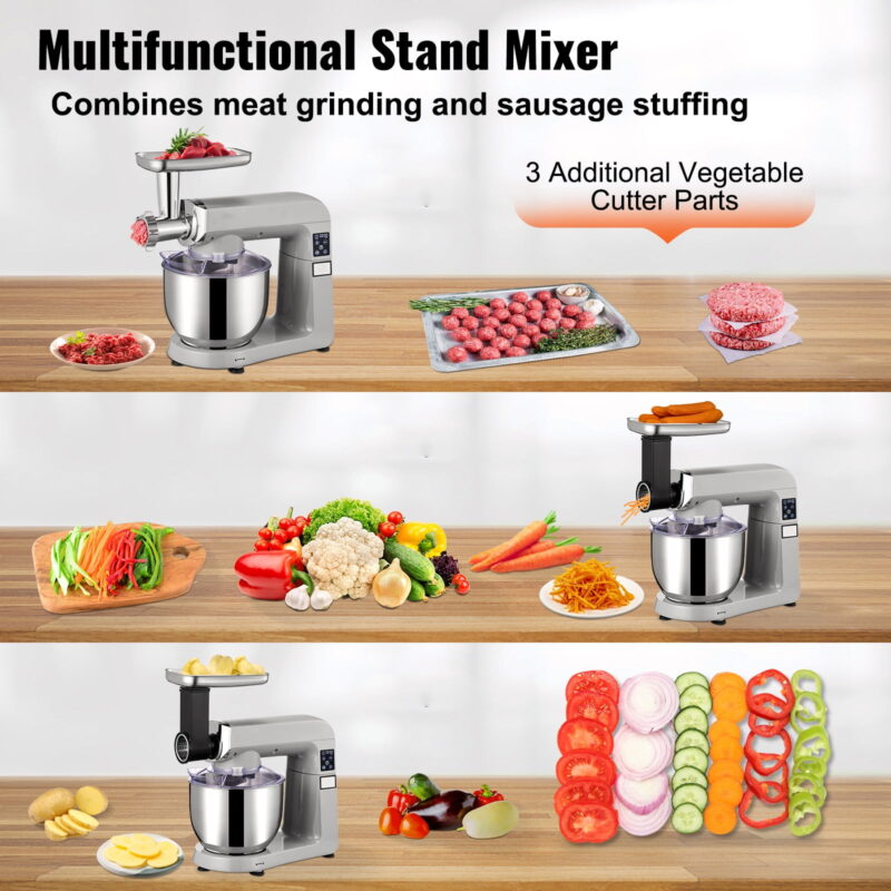 BENTISM 7.3 qt Stand Mixer, Silver with Meat Grinder, Scraper, Food Tray - Image 4
