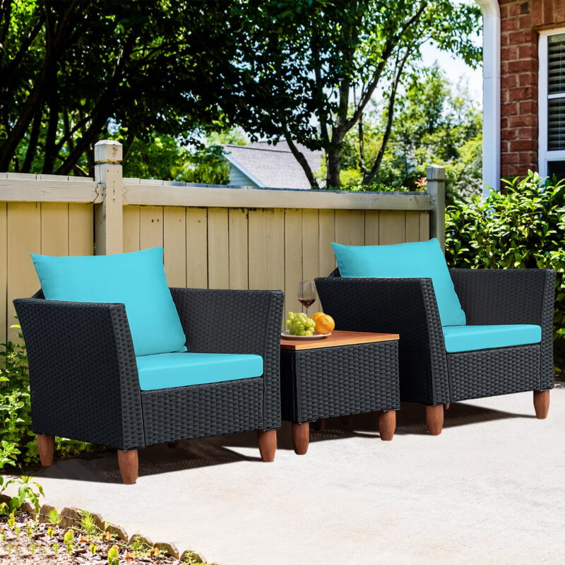 Gymax Fashion 3PCS Patio Rattan Conversation Furniture Set Yard Outdoor w/ Turquoise Cushions - Image 2