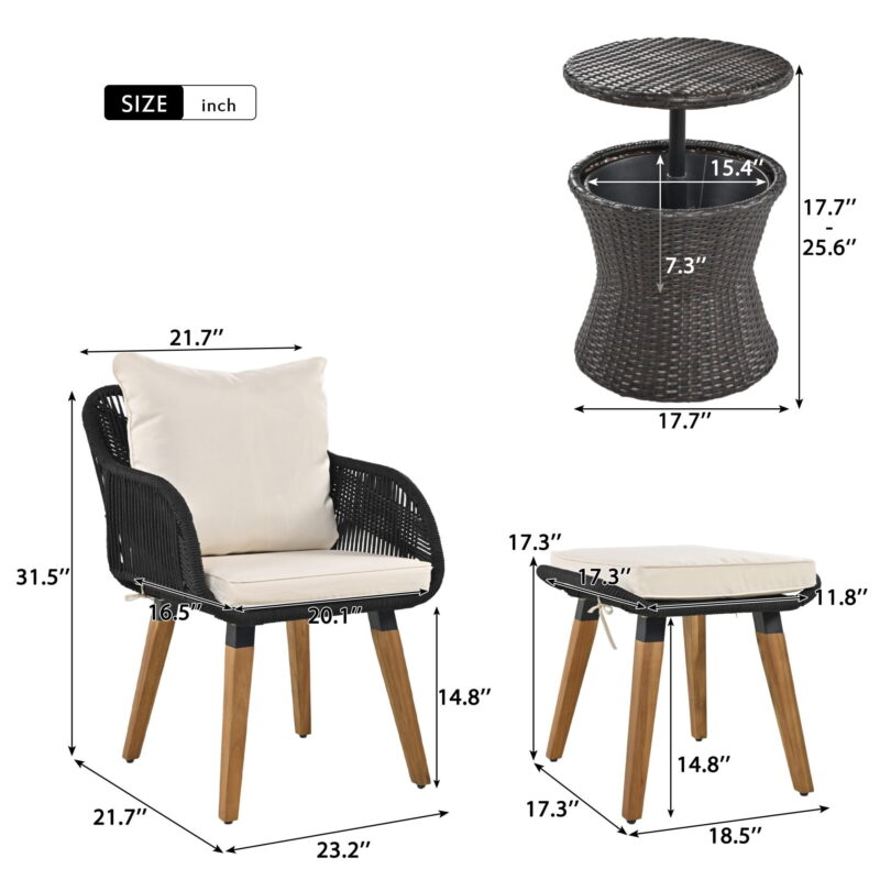 AENKYO 5-Piece Rope Patio Furniture Set with Wicker Pop-Up Cooler Table, Cushioned Chairs & Ottomans, Black - Image 3