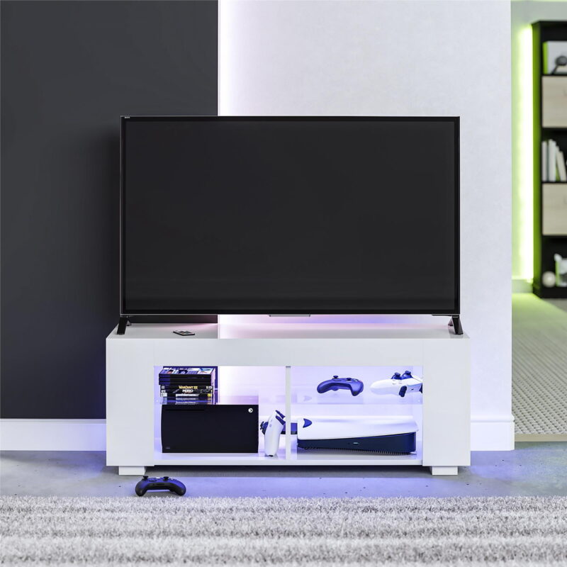 NTense LED TV Stand with Glass Shelves for TVs up to 55", White Gloss - Image 2