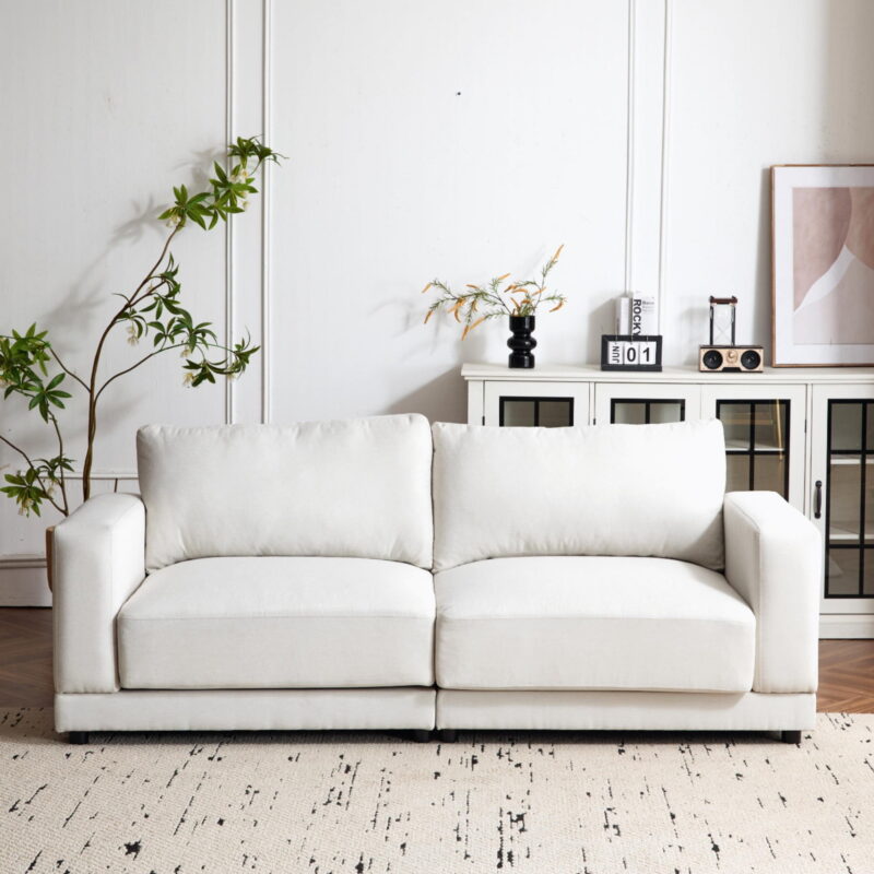 Modern Sofa Couches for Living Room,Mid-Century Upholstered Sofa Furniture with Sturdy Wooden Legs for Living Room,Bedroom,White - Image 2