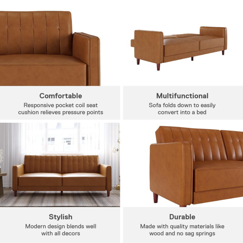 DHP Pin Tufted Transitional Futon, Camel Faux Leather - Image 6