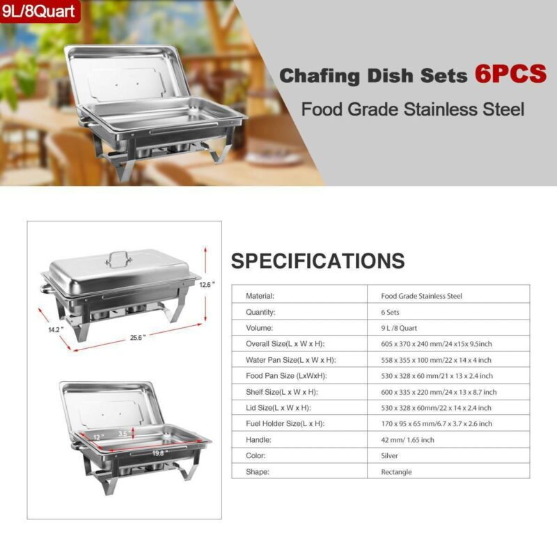 9L/8Q 6Pack Chafer Chafing Dish Sets Pans Stainless Steel Food Warmer Full Size - Image 6