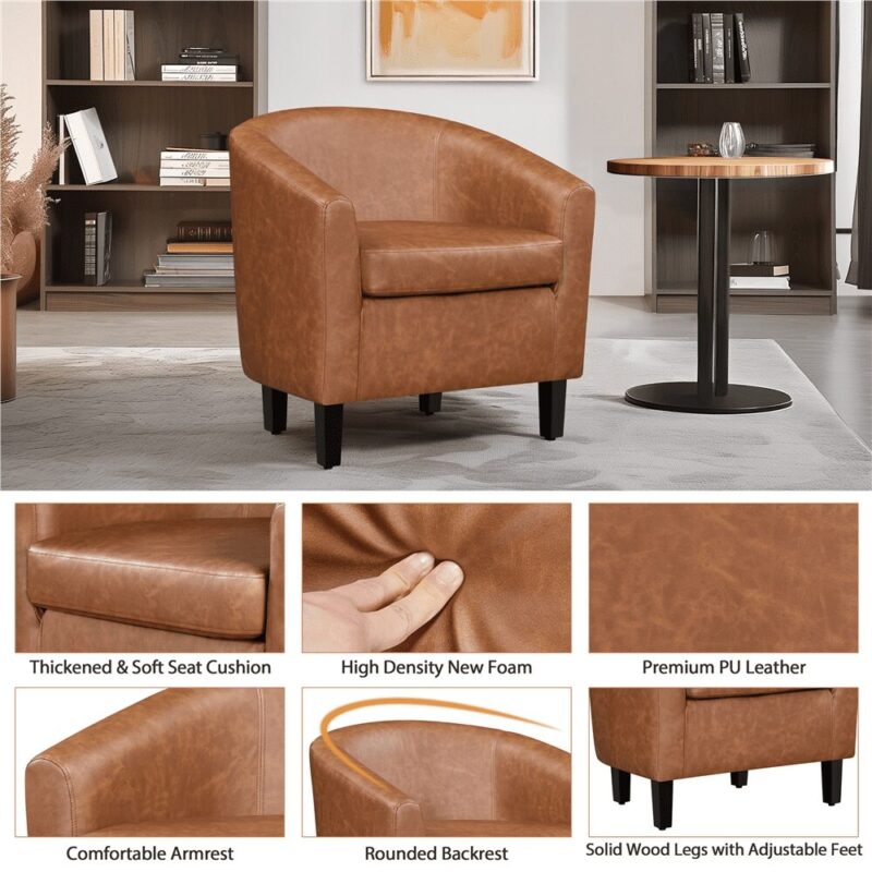 Renwick Faux Leather Barrel Accent Chair for Living Room, Set of 2, Brown - Image 2