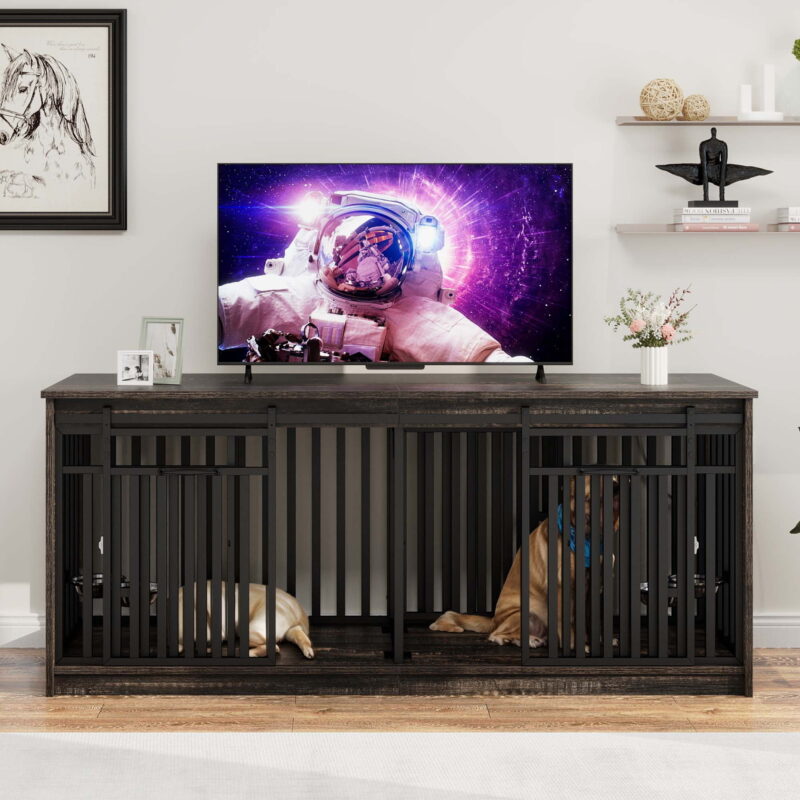 Uforic 71-Inch Farmhouse TV Stand for TVs up to 65",Heavy Duty Dog Crate Furniture with 4 Dog Bowl - Black - Image 5