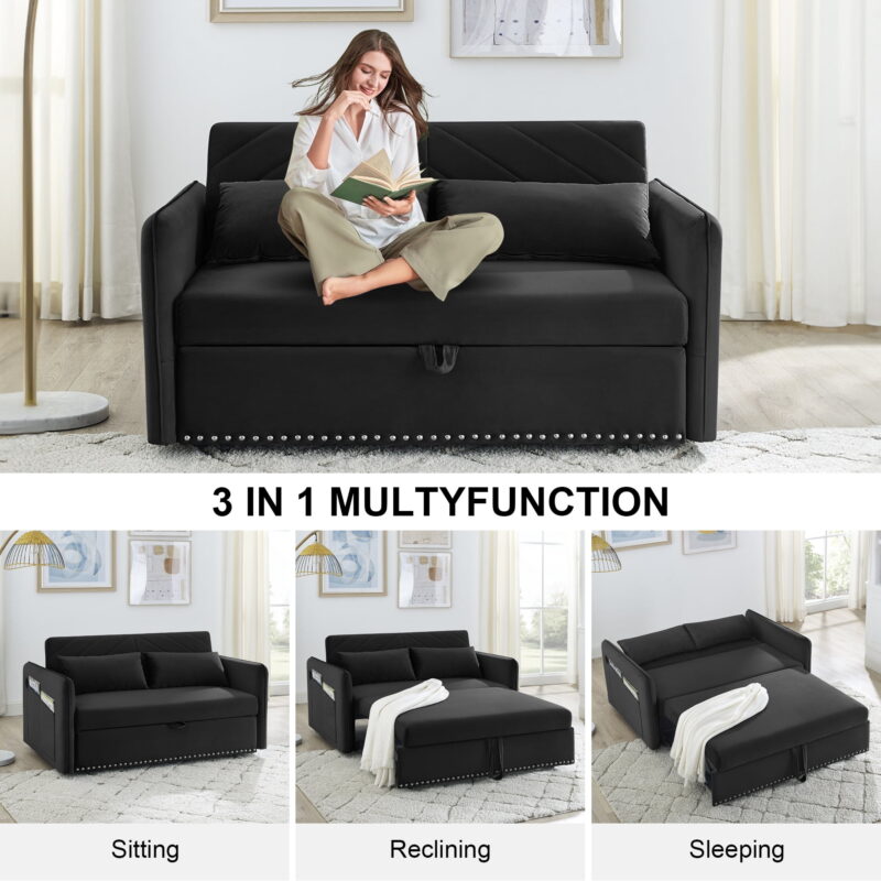 Aukfa 3 in 1 Convertible Sleeper Sofa Bed with 2 Pillows & USB Port, 55" Velvet Loveseat Sofa, Black - Image 4