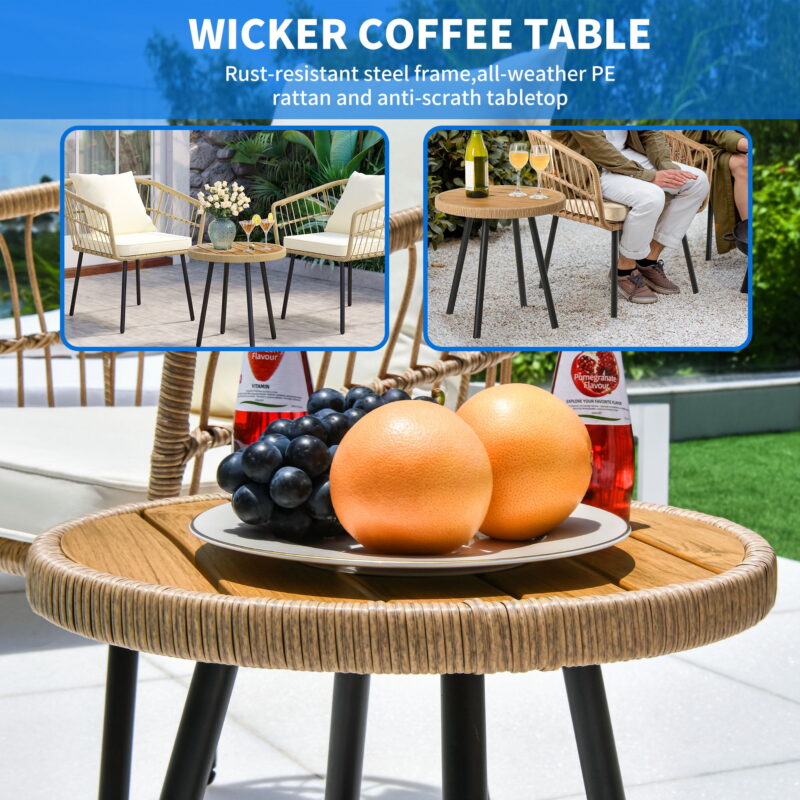 Dextrus 3 Piece Outdoor Wicker Furniture Patio Bistro Set, PE Rattan Wicker Chairs Set with Table and Cushions, Porch Balcony Furniture Set for Porch Backyard Pool, Beige - Image 2