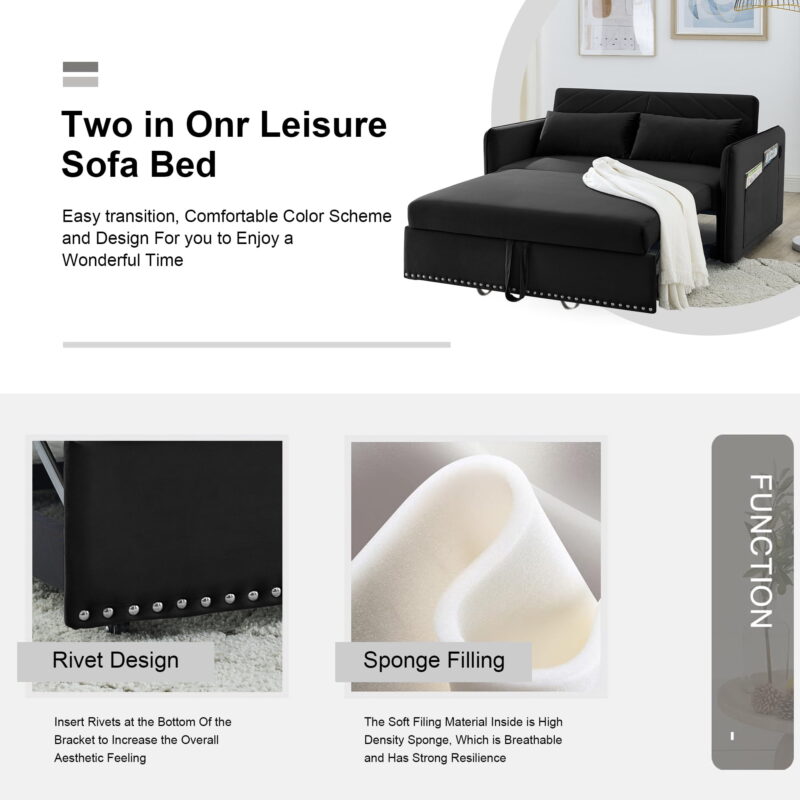 Aukfa 3 in 1 Convertible Sleeper Sofa Bed with 2 Pillows & USB Port, 55" Velvet Loveseat Sofa, Black - Image 3