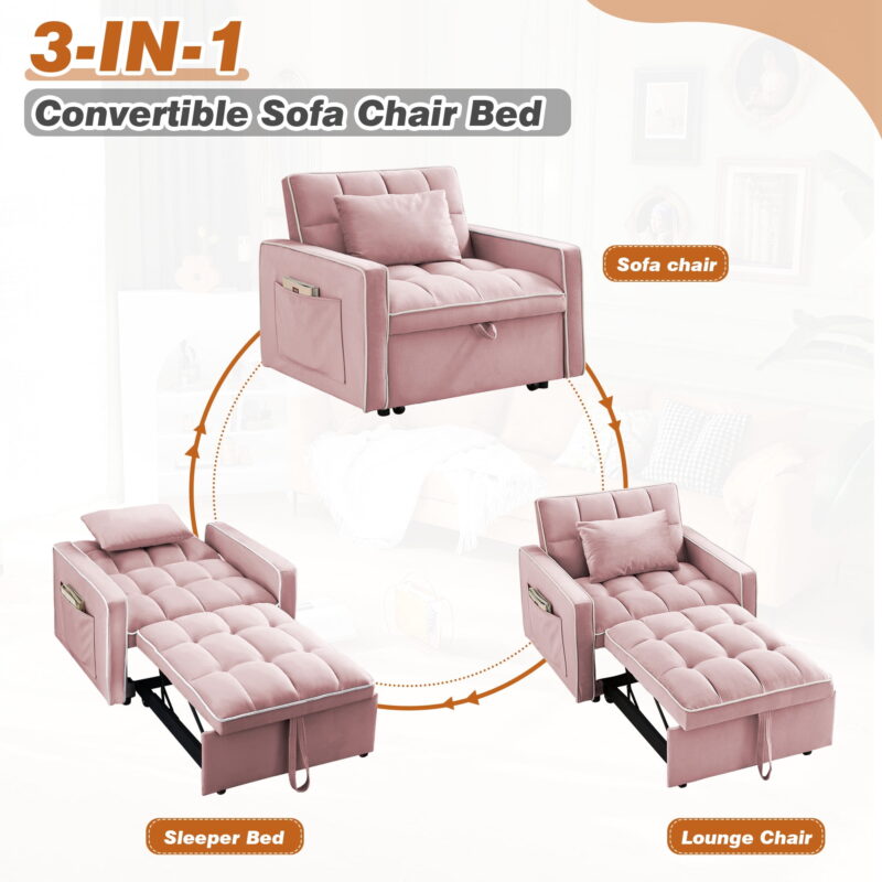 Dinosisco 3-in-1 Convertible Chair Bed, Sleeper Chair Lounge Chair Indoor, Modern Single Pull Out Couch for Living Room, Pink Velvet - Image 5