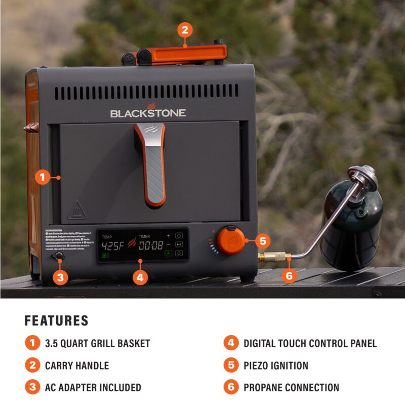 Blackstone Adventure Ready Portable Propane Air Fryer, 4 Quart, Gray & Orange, 18W, 3ft Cord - Image 6