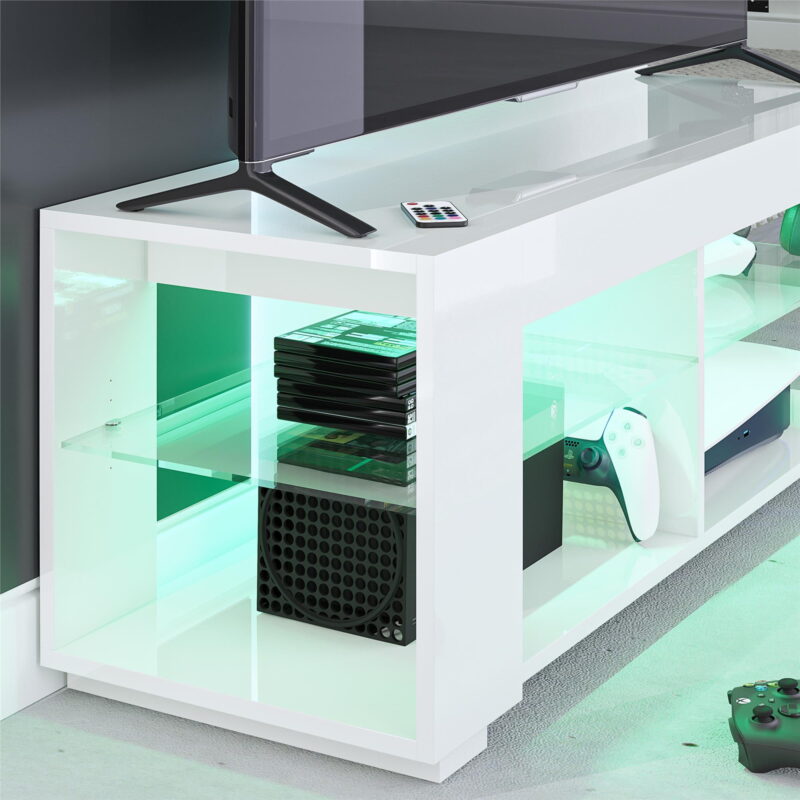NTense LED TV Stand with Glass Shelves for TVs up to 55", White Gloss - Image 3
