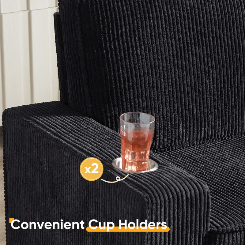 Dinosisco 83.9" Corduroy Sofa with Cup Holders, Modern 3-Seater Couch for Living Room, Black - Image 4