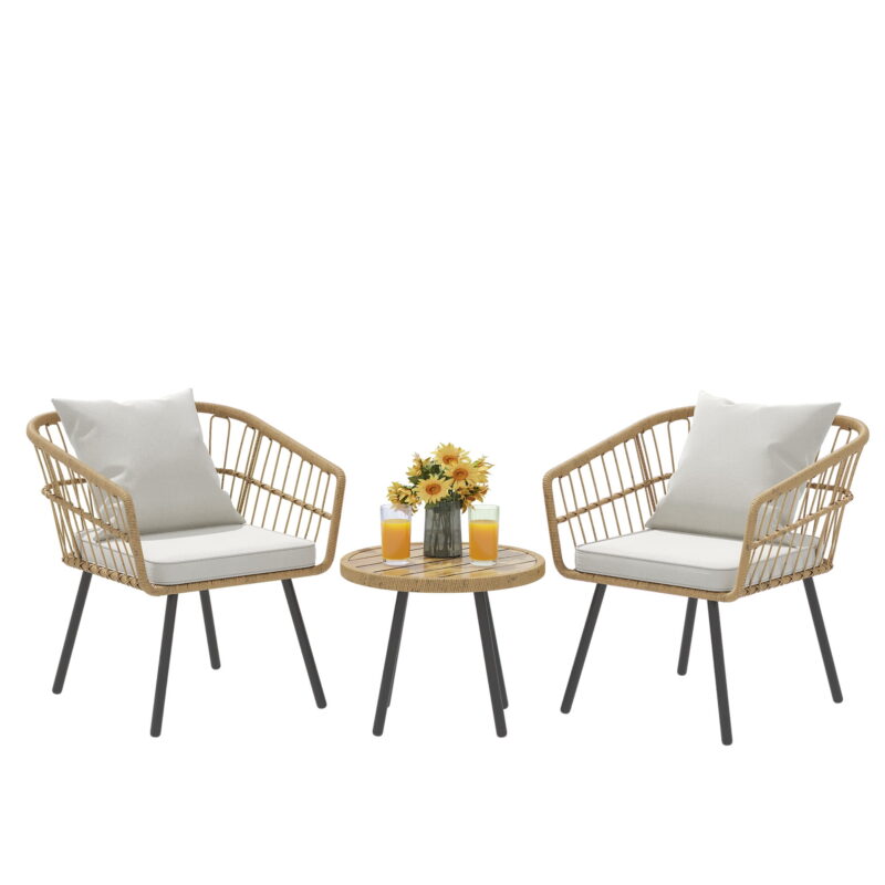 Dextrus 3 Piece Outdoor Wicker Furniture Patio Bistro Set, PE Rattan Wicker Chairs Set with Table and Cushions, Porch Balcony Furniture Set for Porch Backyard Pool, Beige - Image 4