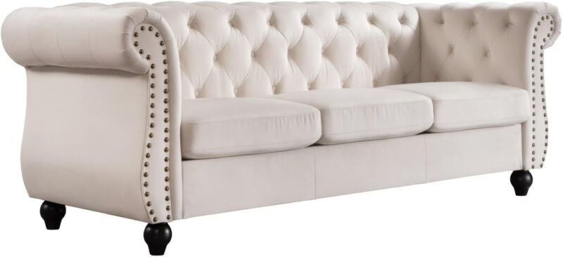 US Pride Furniture Chester 83 in. Wide Rolled Arm Velvet Modern Straight living Room Sofa, Ivory - Image 3